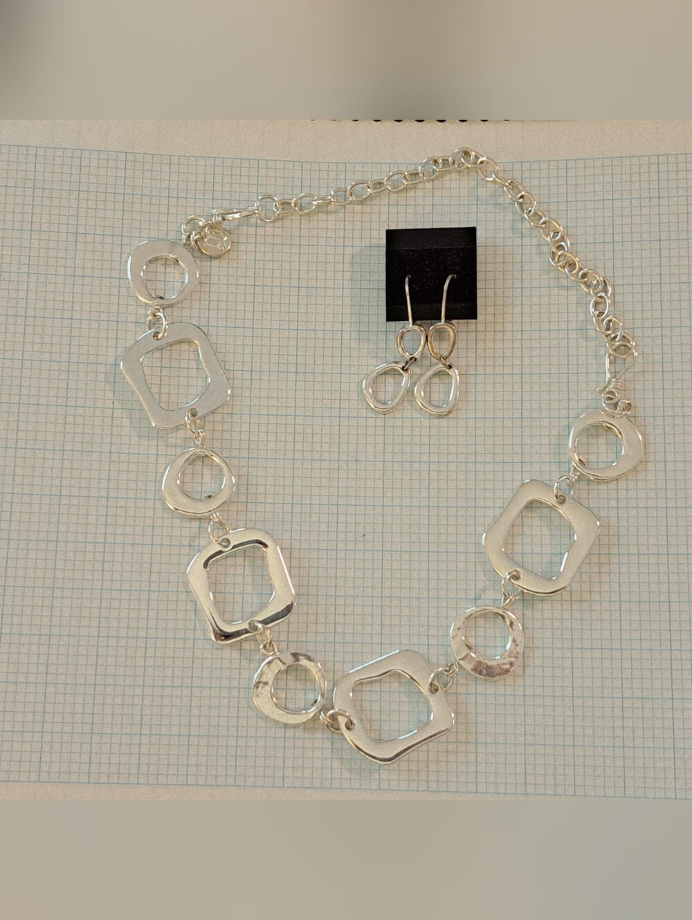 Sterling-Inspired Silver Geometric Link Necklace Set with Matching Earrings